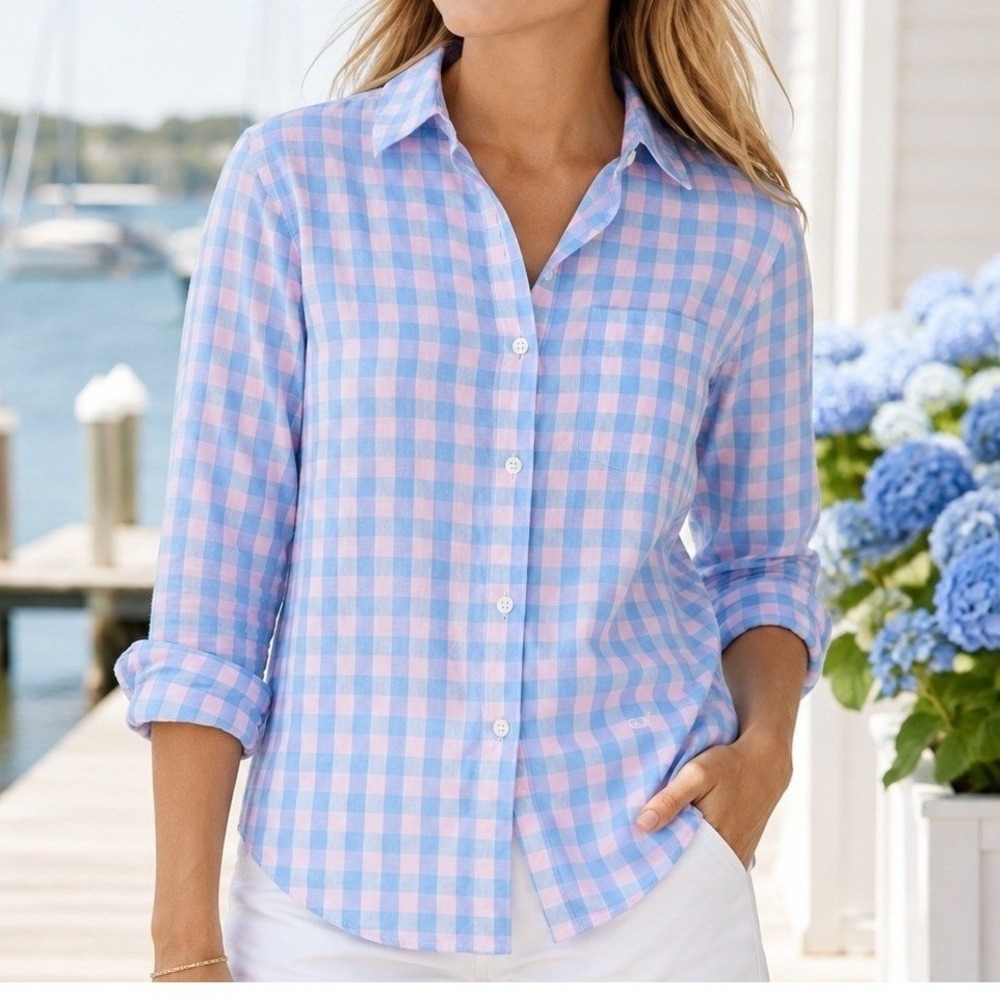 Vineyard Vines‎ Relaxed Button Front Gingham Shirt Blue Pink Women's Size S